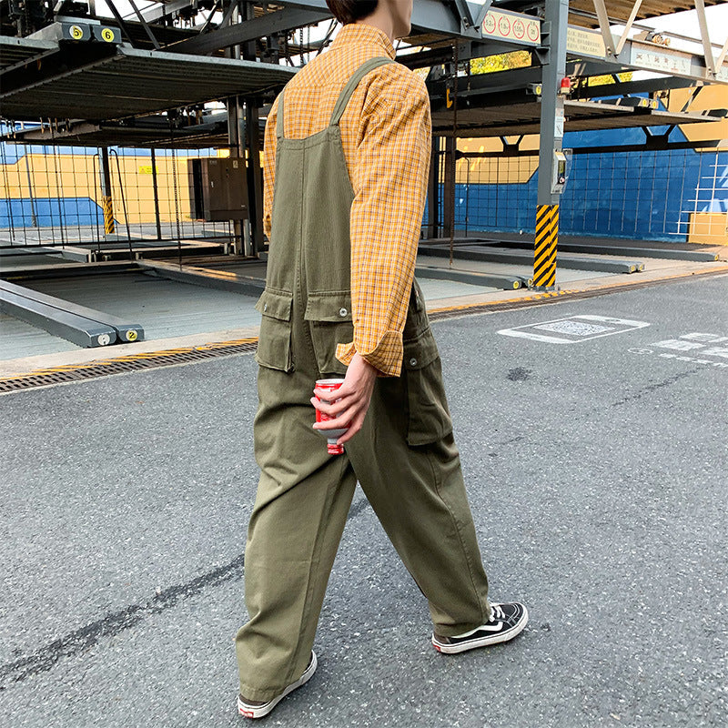 saferido black men fashion urban Japanese Style Retro Loose Workwear plus Size One-Piece Suspender Pants Men's Trendy Hip Hop Wide-Leg Daddy Suspender Pants