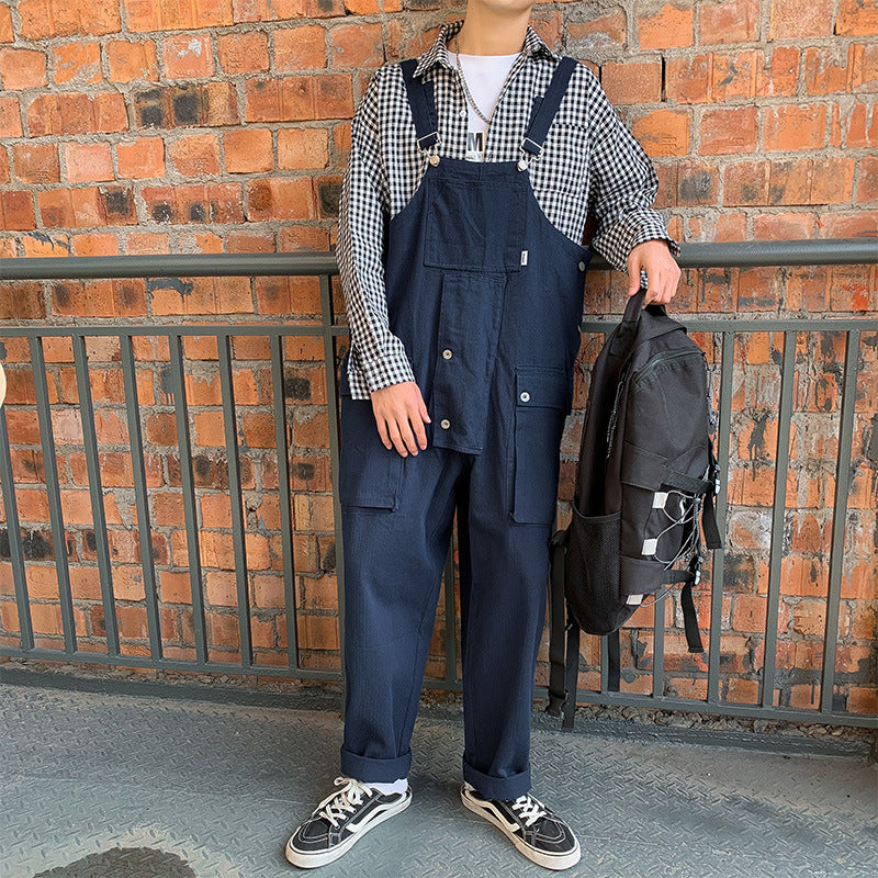 saferido black men fashion urban Japanese Style Retro Loose Workwear plus Size One-Piece Suspender Pants Men's Trendy Hip Hop Wide-Leg Daddy Suspender Pants