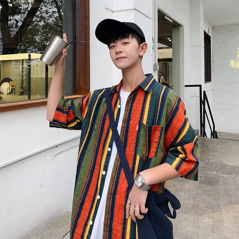 saferido 90s streetwear Summer New Men's Casual Short-Sleeved Shirt Trendy Korean Style Contrast Color Striped Loose Shirt