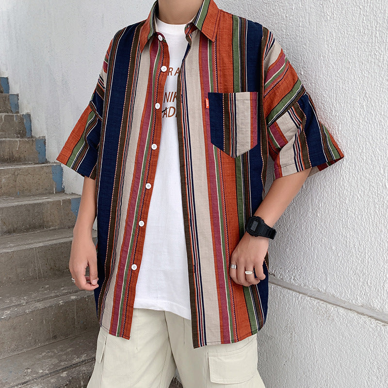 saferido 90s streetwear Summer New Men's Casual Short-Sleeved Shirt Trendy Korean Style Contrast Color Striped Loose Shirt