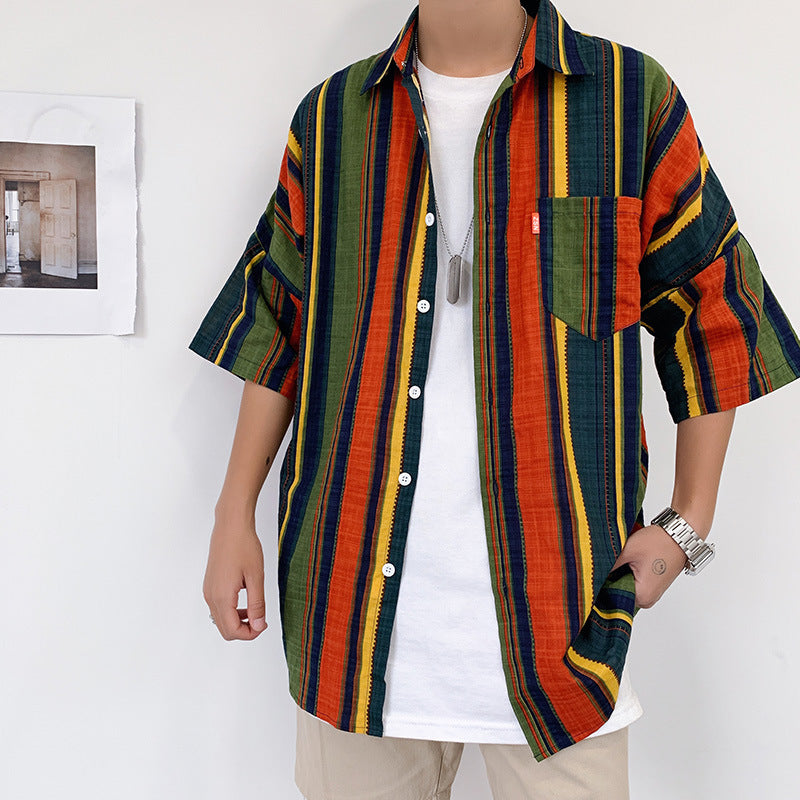 saferido 90s streetwear Summer New Men's Casual Short-Sleeved Shirt Trendy Korean Style Contrast Color Striped Loose Shirt