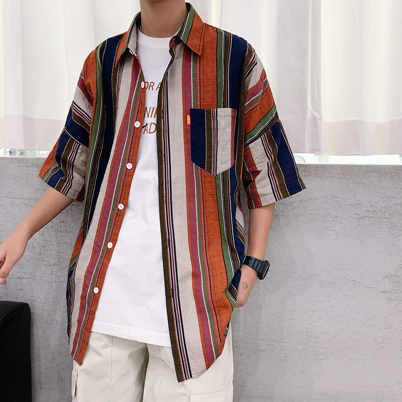saferido 90s streetwear Summer New Men's Casual Short-Sleeved Shirt Trendy Korean Style Contrast Color Striped Loose Shirt