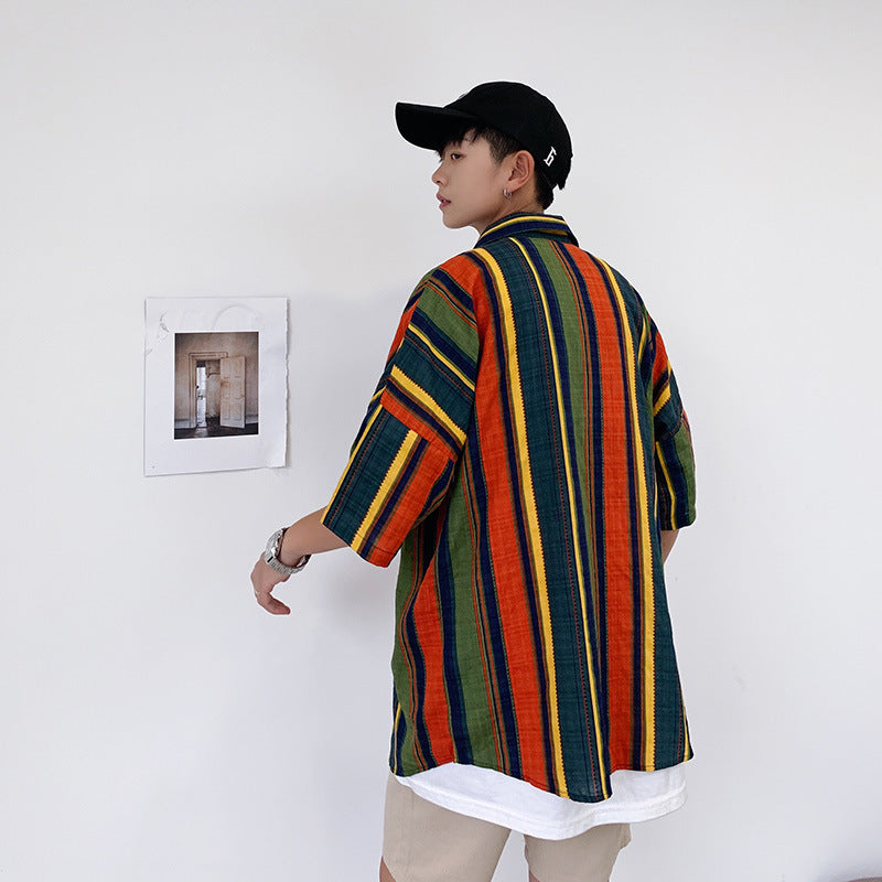 saferido 90s streetwear Summer New Men's Casual Short-Sleeved Shirt Trendy Korean Style Contrast Color Striped Loose Shirt