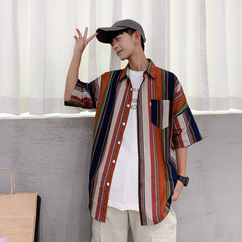 saferido 90s streetwear Summer New Men's Casual Short-Sleeved Shirt Trendy Korean Style Contrast Color Striped Loose Shirt