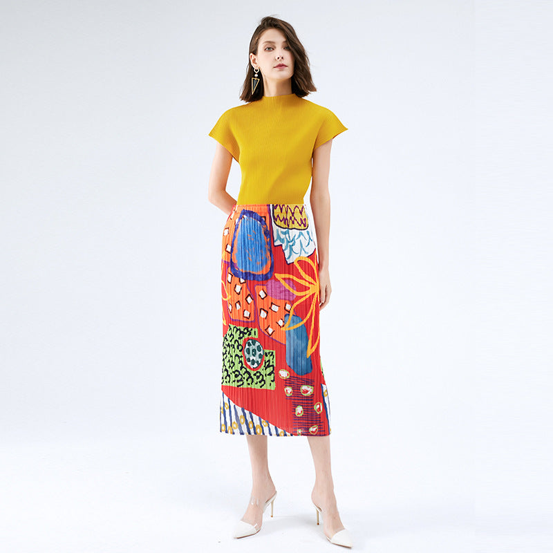 Folded skirt summer new niche printing pleated skirt casual medium and long A word elegant style women's clothing