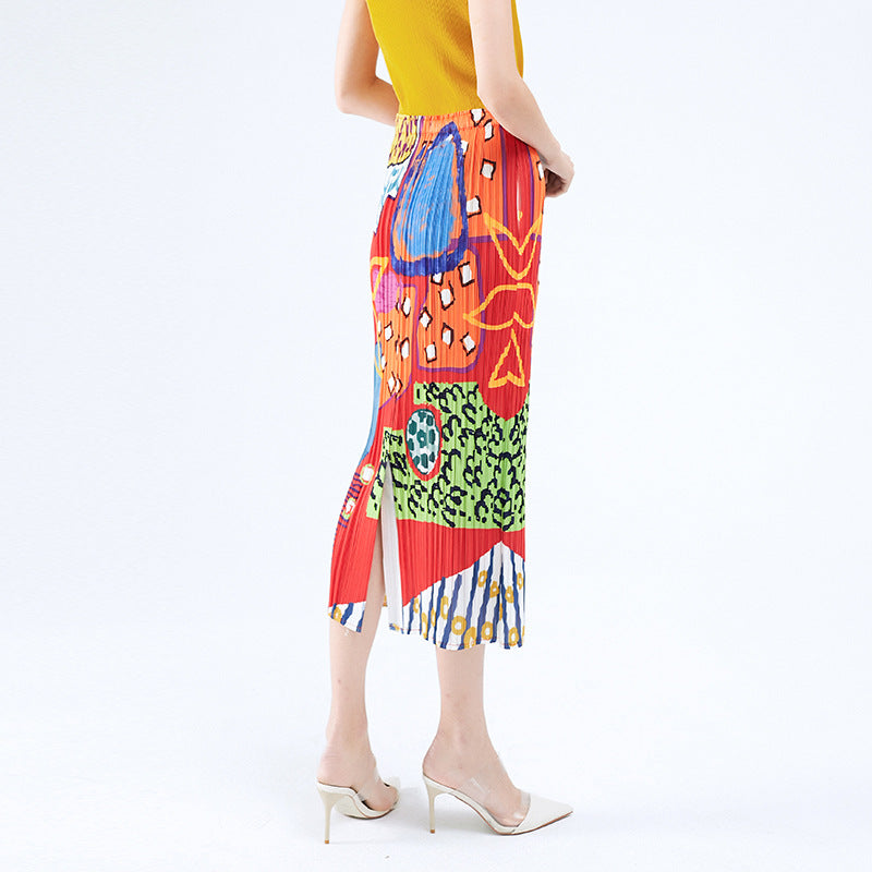 Folded skirt summer new niche printing pleated skirt casual medium and long A word elegant style women's clothing