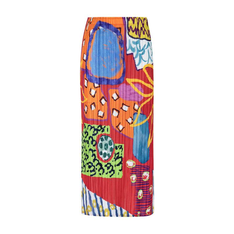 Folded skirt summer new niche printing pleated skirt casual medium and long A word elegant style women's clothing