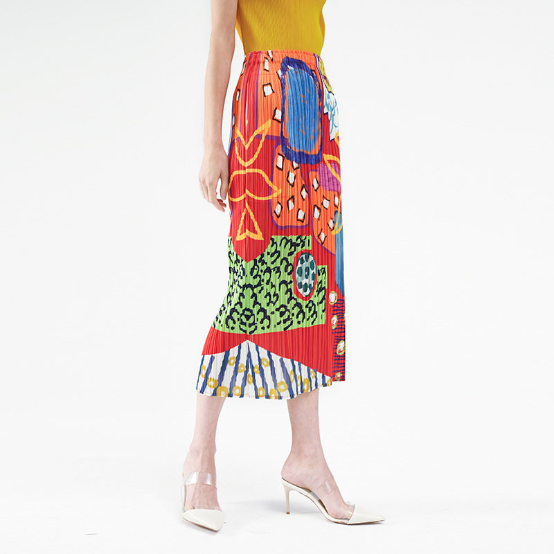 Folded skirt summer new niche printing pleated skirt casual medium and long A word elegant style women's clothing