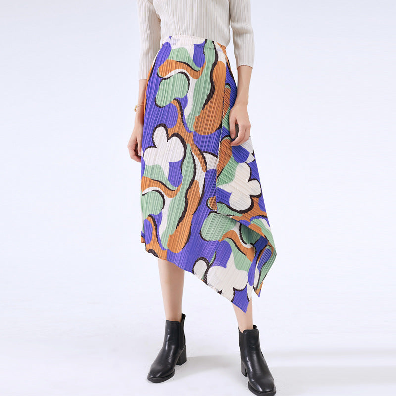 Folded skirt commuter style a-shaped medium and long, summer printed pleated skirt summer new women's clothing fashion