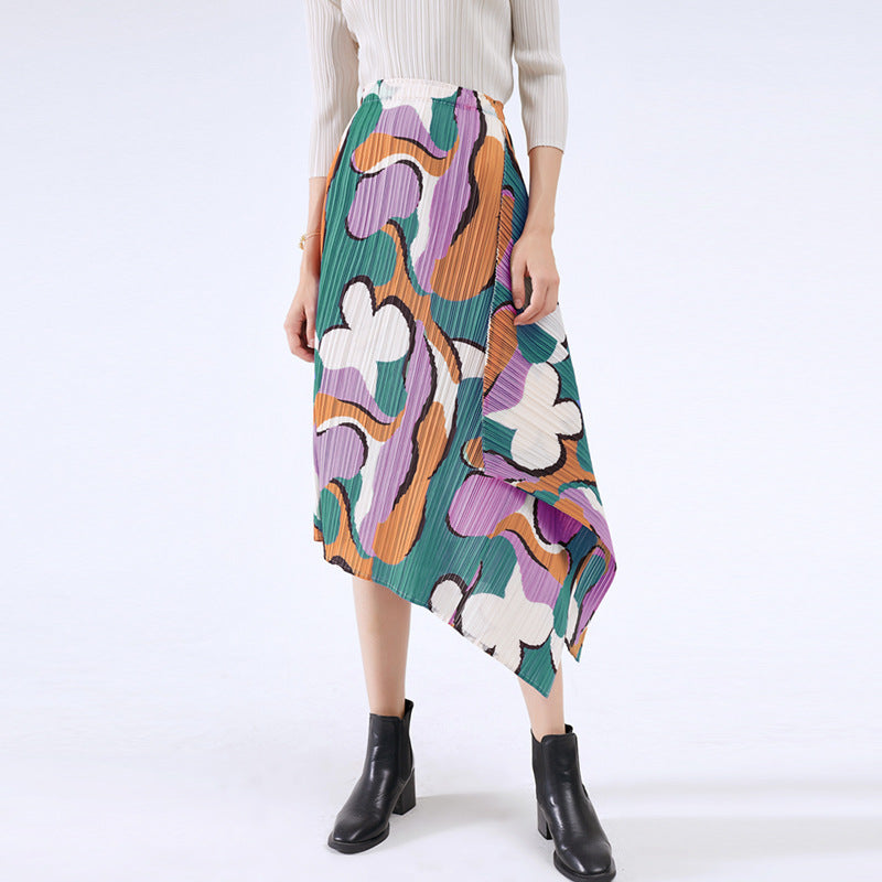 Folded skirt commuter style a-shaped medium and long, summer printed pleated skirt summer new women's clothing fashion