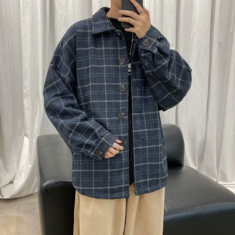 saferido -shop grunge outfits Autumn and Winter Plaid Woolen Coat Men's Loose Korean Style Trendy Ins Woolen Coat Retro Hong Kong Trendy