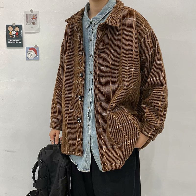 saferido -shop grunge outfits Autumn and Winter Plaid Woolen Coat Men's Loose Korean Style Trendy Ins Woolen Coat Retro Hong Kong Trendy