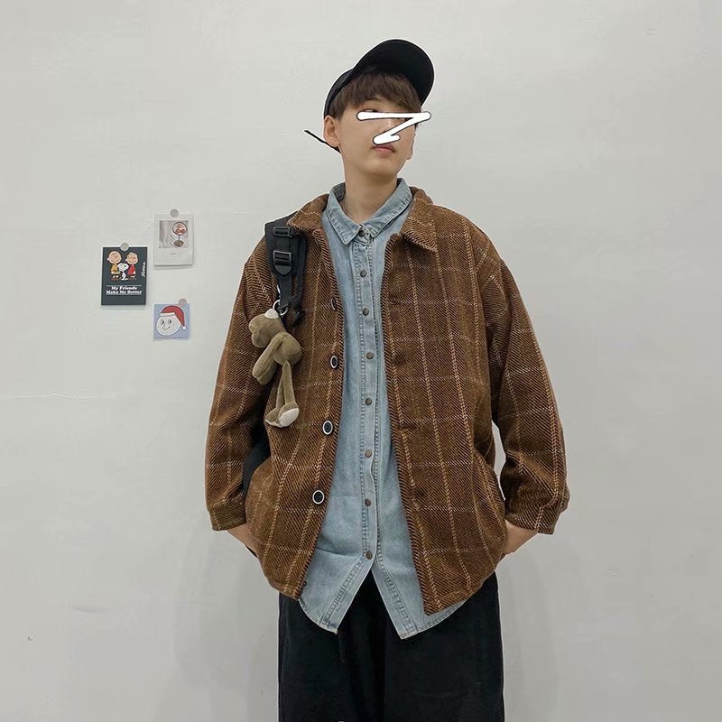 saferido -shop grunge outfits Autumn and Winter Plaid Woolen Coat Men's Loose Korean Style Trendy Ins Woolen Coat Retro Hong Kong Trendy