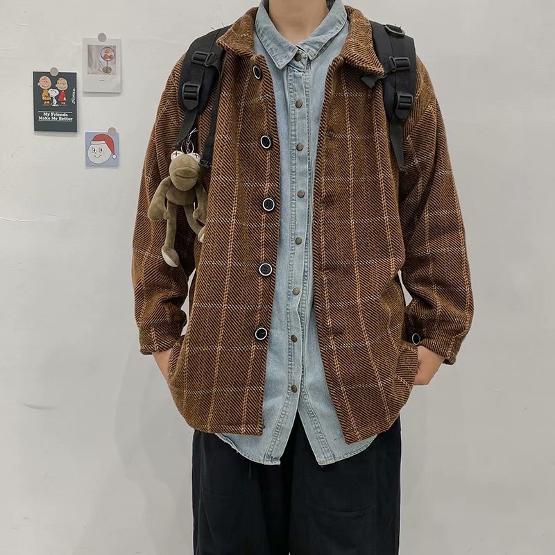saferido -shop grunge outfits Autumn and Winter Plaid Woolen Coat Men's Loose Korean Style Trendy Ins Woolen Coat Retro Hong Kong Trendy