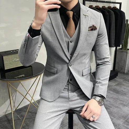 ( Jacket + Vest + Pants ) High-end Brand Boutique Fashion Solid Color Mens Casual Business Suit 3Piece Set Groom Wedding Dress