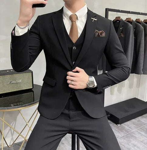 ( Jacket + Vest + Pants ) High-end Brand Boutique Fashion Solid Color Mens Casual Business Suit 3Piece Set Groom Wedding Dress