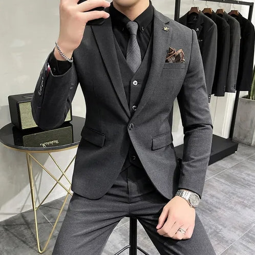 ( Jacket + Vest + Pants ) High-end Brand Boutique Fashion Solid Color Mens Casual Business Suit 3Piece Set Groom Wedding Dress