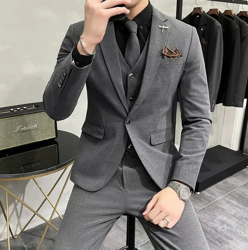 ( Jacket + Vest + Pants ) High-end Brand Boutique Fashion Solid Color Mens Casual Business Suit 3Piece Set Groom Wedding Dress