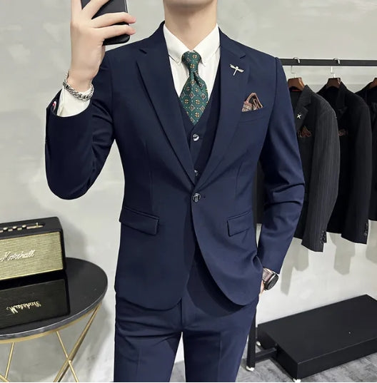 ( Jacket + Vest + Pants ) High-end Brand Boutique Fashion Solid Color Mens Casual Business Suit 3Piece Set Groom Wedding Dress