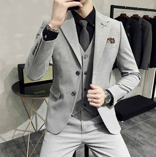 ( Jacket + Vest + Pants ) High-end Brand Boutique Fashion Solid Color Mens Casual Business Suit 3Piece Set Groom Wedding Dress