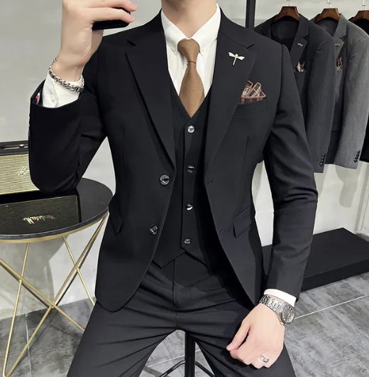 ( Jacket + Vest + Pants ) High-end Brand Boutique Fashion Solid Color Mens Casual Business Suit 3Piece Set Groom Wedding Dress