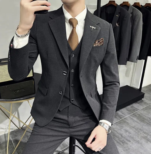 ( Jacket + Vest + Pants ) High-end Brand Boutique Fashion Solid Color Mens Casual Business Suit 3Piece Set Groom Wedding Dress