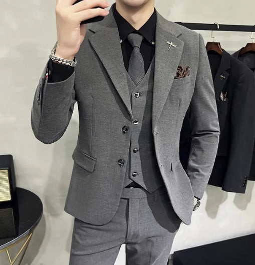 ( Jacket + Vest + Pants ) High-end Brand Boutique Fashion Solid Color Mens Casual Business Suit 3Piece Set Groom Wedding Dress