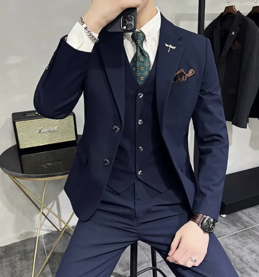 ( Jacket + Vest + Pants ) High-end Brand Boutique Fashion Solid Color Mens Casual Business Suit 3Piece Set Groom Wedding Dress