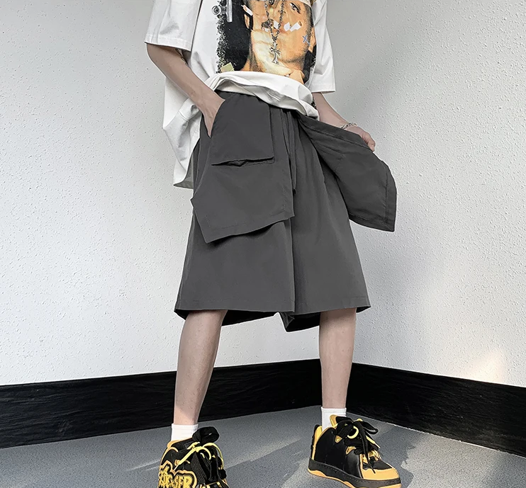 saferido Men's Wide Leg Shorts Loose Fashion Punk Shorts Irregular Harem Solid Jogger Streetwear Elastic Waist Summer Shorts