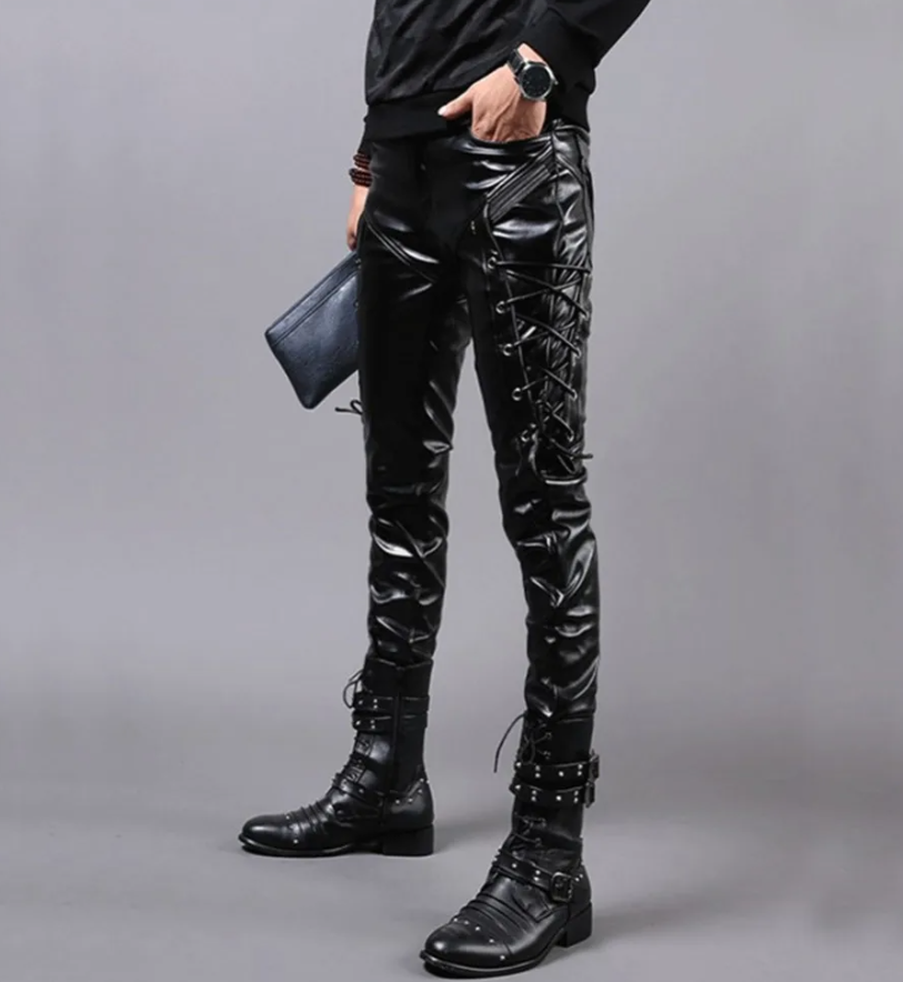saferido 2024 PU leather men's black leather rope plus velvet leather pants punk style men's motorcycle pants slim fit personality simple