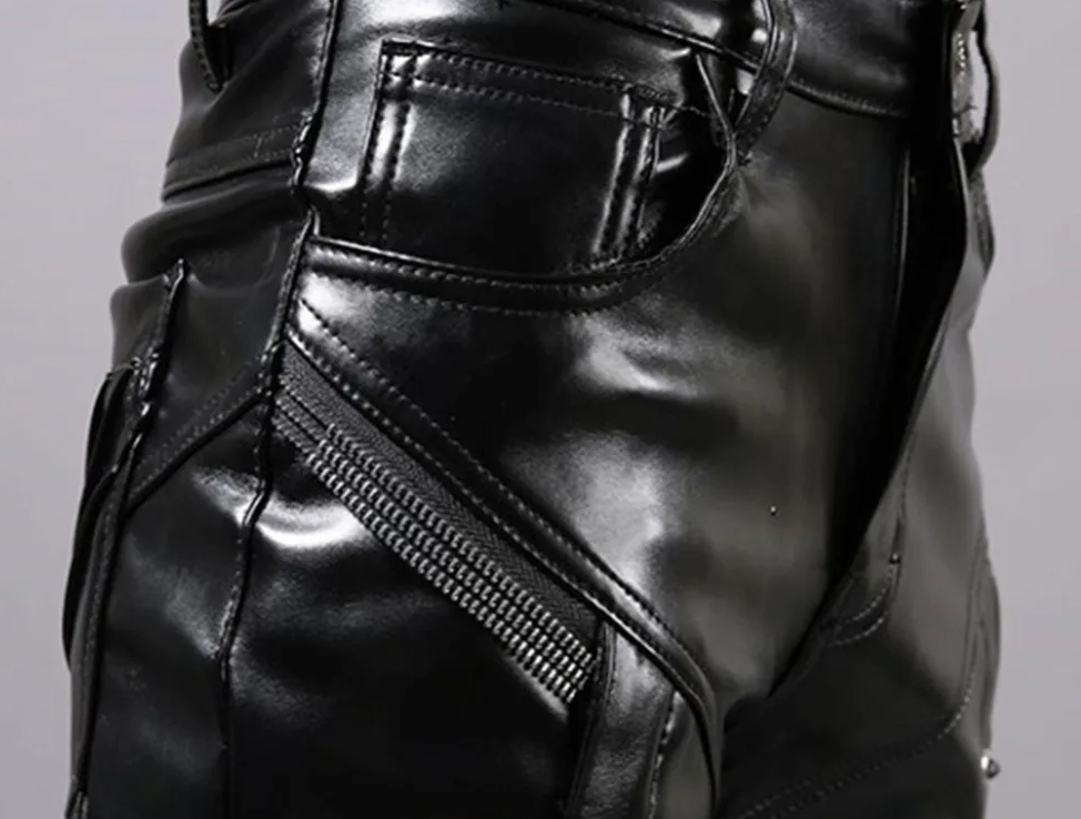 saferido 2024 PU leather men's black leather rope plus velvet leather pants punk style men's motorcycle pants slim fit personality simple