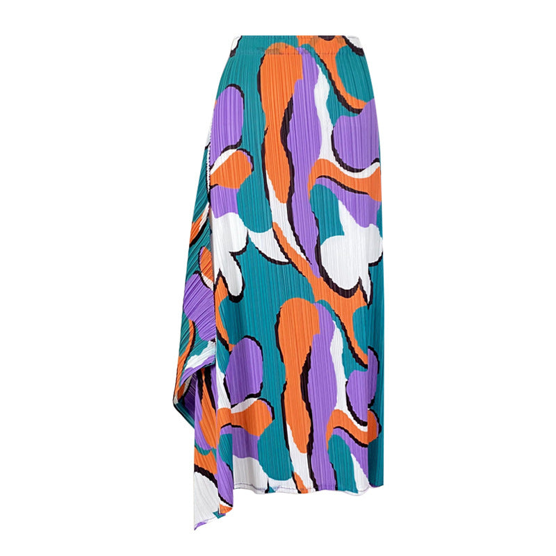 Folded skirt commuter style a-shaped medium and long, summer printed pleated skirt summer new women's clothing fashion