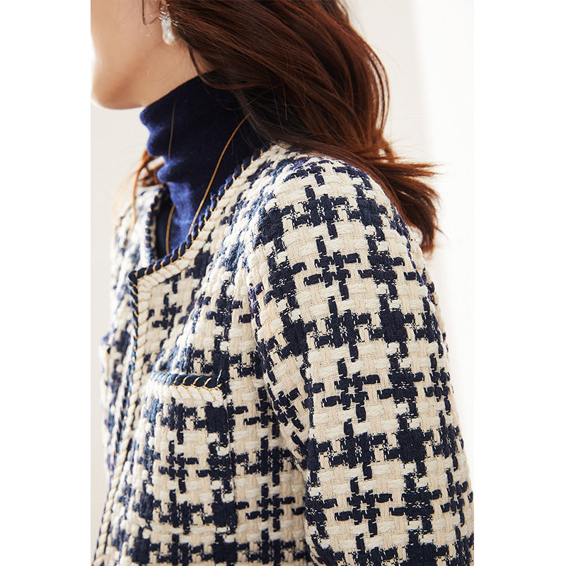 2025 Wool weaving, thousand bird grid small fragrant wind jacket women's clothing spring and autumn new models, lamb wool short woolen