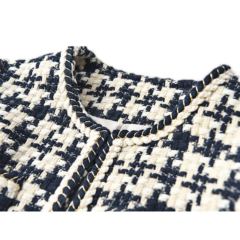 2025 Wool weaving, thousand bird grid small fragrant wind jacket women's clothing spring and autumn new models, lamb wool short woolen