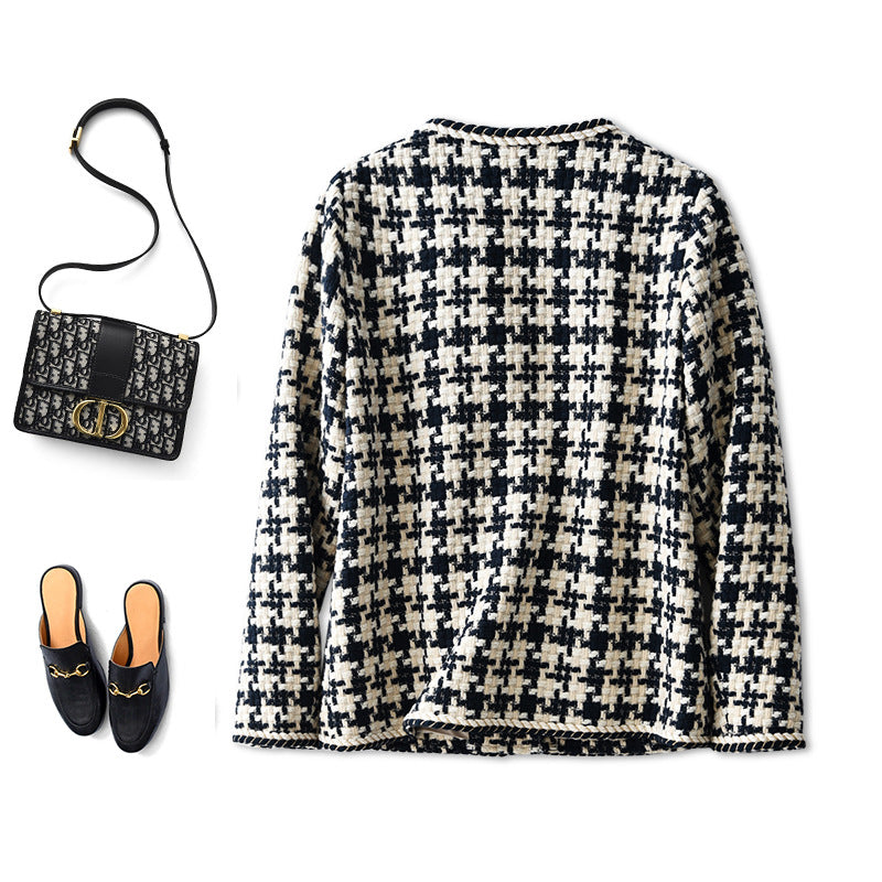 2025 Wool weaving, thousand bird grid small fragrant wind jacket women's clothing spring and autumn new models, lamb wool short woolen