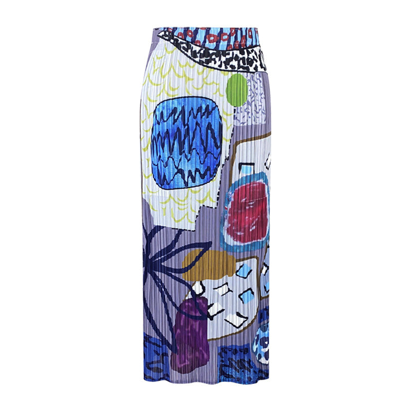 Folded skirt summer new niche printing pleated skirt casual medium and long A word elegant style women's clothing