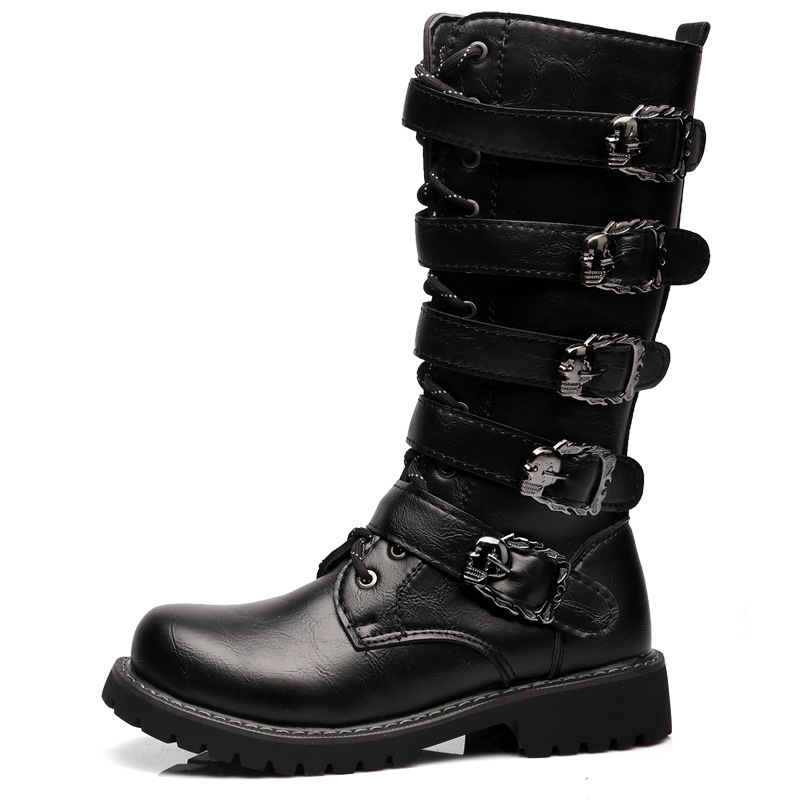 saferido Men's Leather Motorcycle Boots Mid-calf Military Combat Boots Gothic Belt Punk Boots Men Shoes Tactical Army Boot