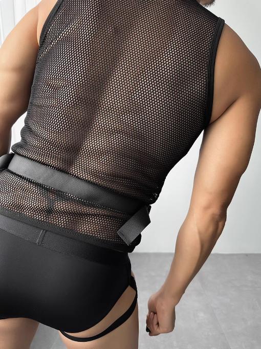 Sexy See Through Mesh T Shirt Vest Mens Muscle Fitness Breathable Lace-up Tank Tops Men Spring Summer Sleeveless Slim Camisoles