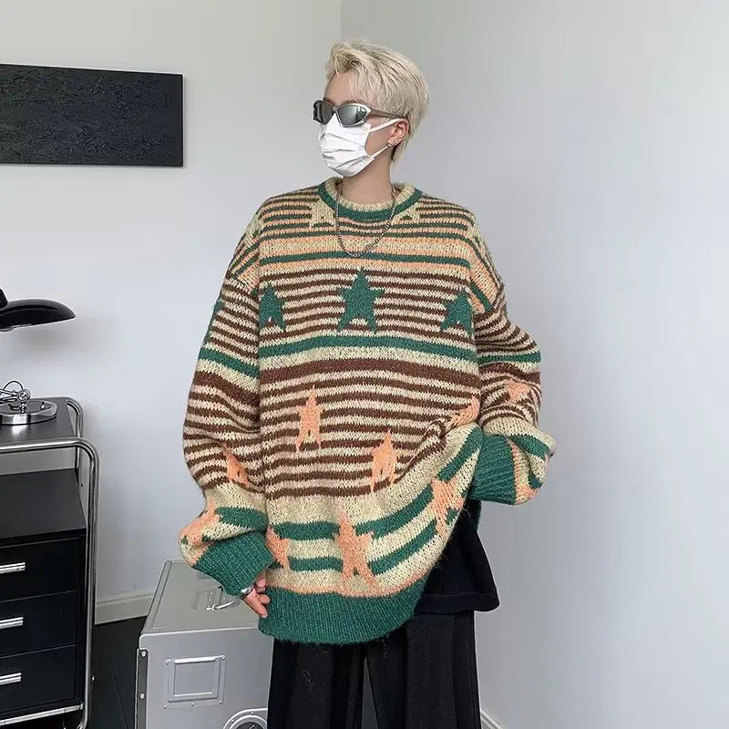 saferido Harajuku Men Vintage Sweater Striped Star Flocking Extra Large Knitted Sweater Autumn Street Wear Couple Pullover Unisex Winter