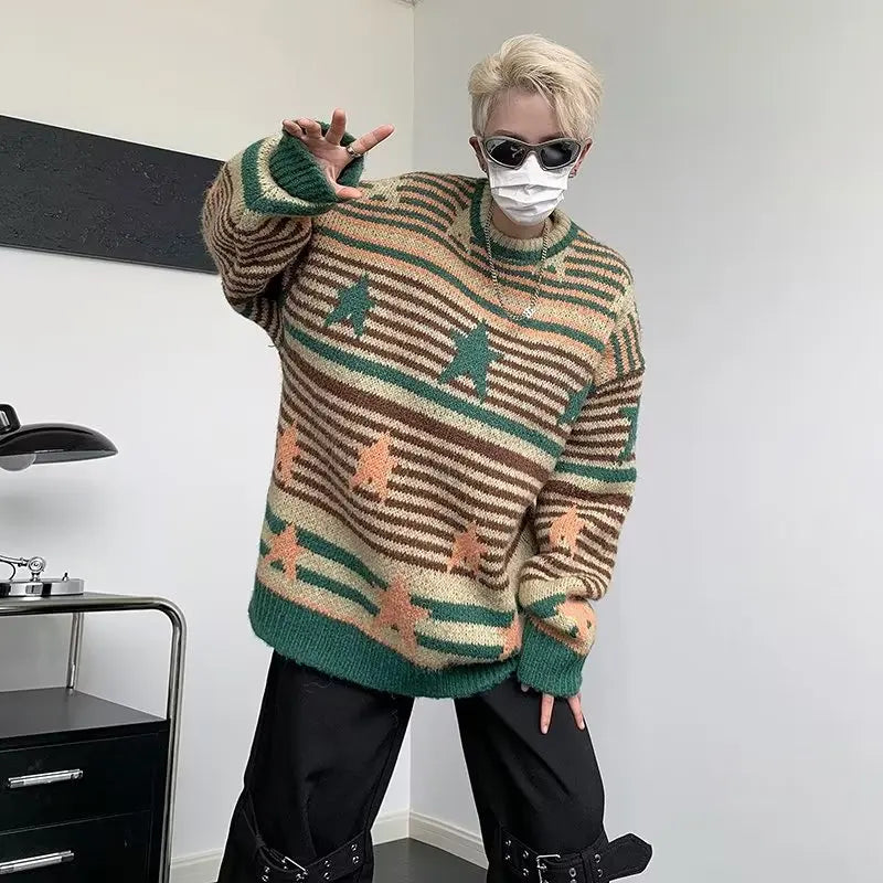 saferido Harajuku Men Vintage Sweater Striped Star Flocking Extra Large Knitted Sweater Autumn Street Wear Couple Pullover Unisex Winter