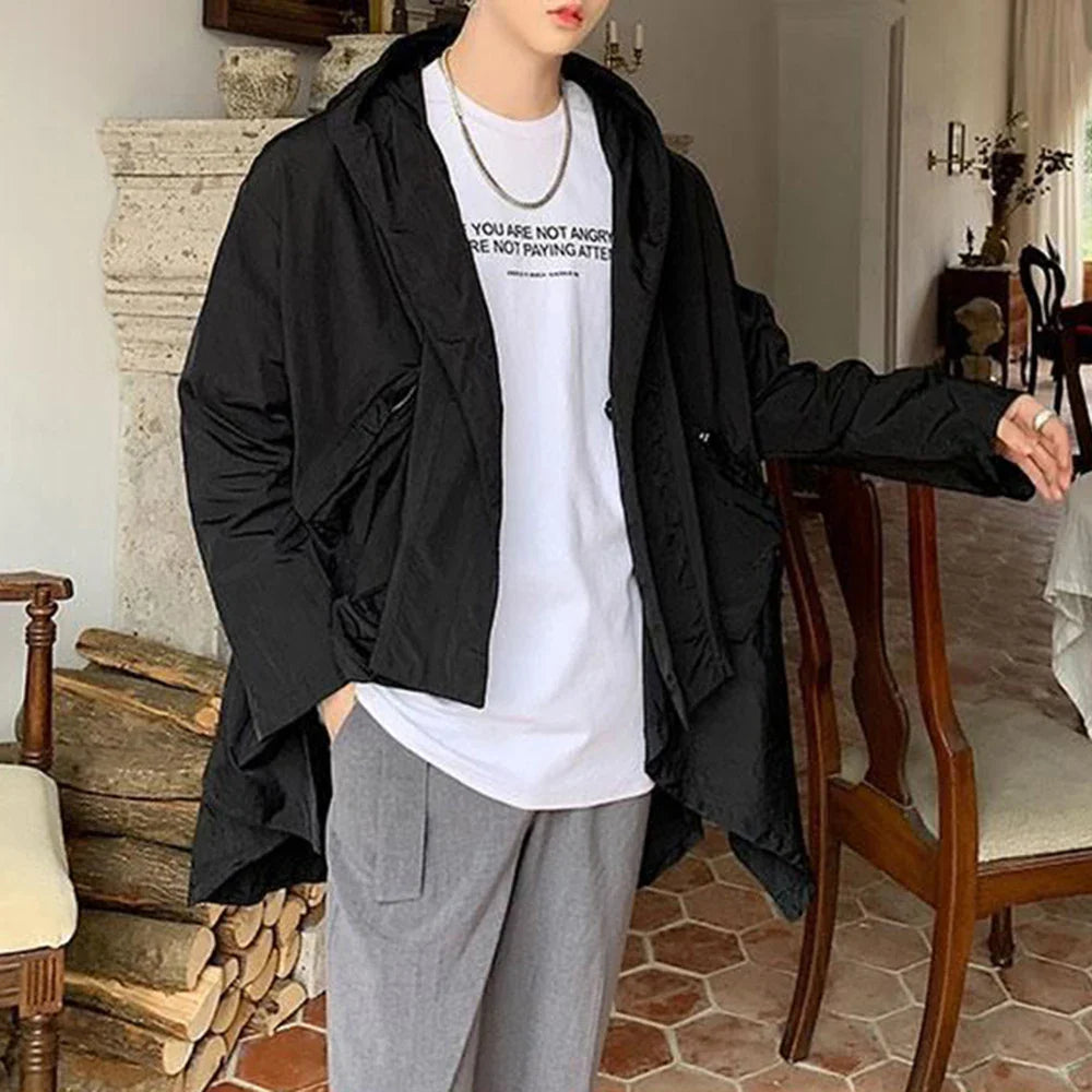 saferido Mens Japanese Irregular Hooded Windbreaker Genderless 2024 New Personalized Versatile Retro Streetwear Solid Color Jacket Unisex