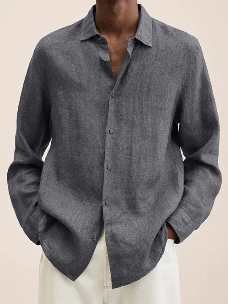 Spring Men Causal Linen Shirts Fashion Business Office Loose Lapel Long Sleeve Tops Beach Vintage Solid Color Button Clothing