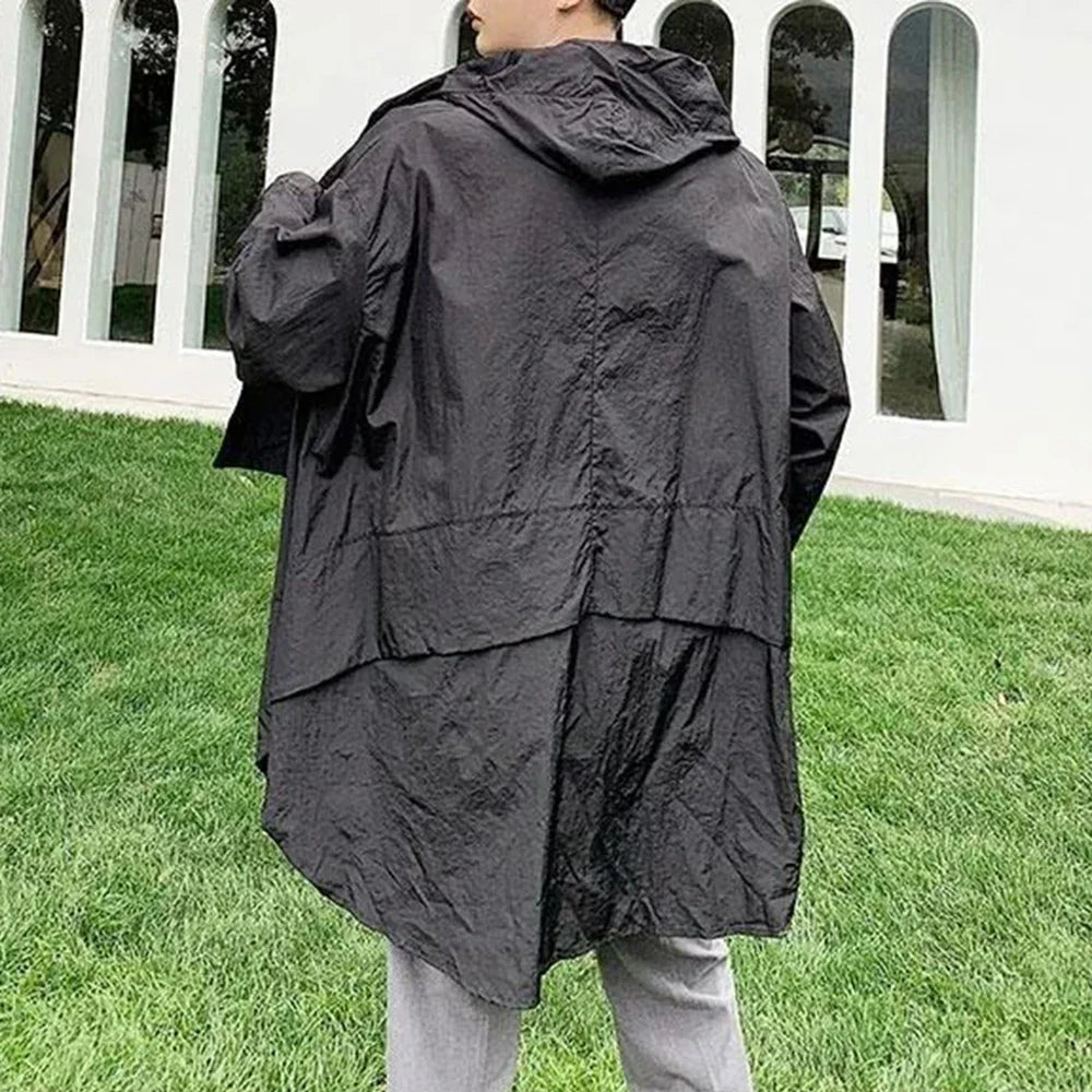 saferido Mens Japanese Irregular Hooded Windbreaker Genderless 2024 New Personalized Versatile Retro Streetwear Solid Color Jacket Unisex