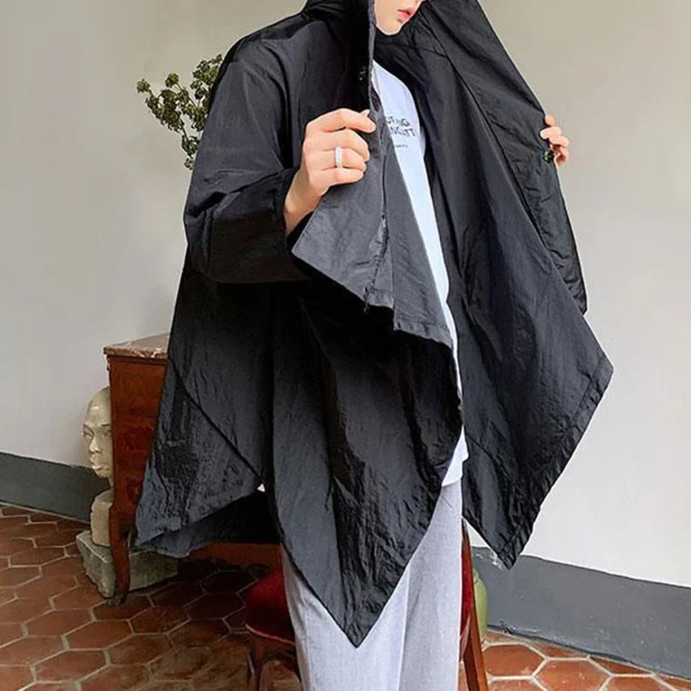 saferido Mens Japanese Irregular Hooded Windbreaker Genderless 2024 New Personalized Versatile Retro Streetwear Solid Color Jacket Unisex