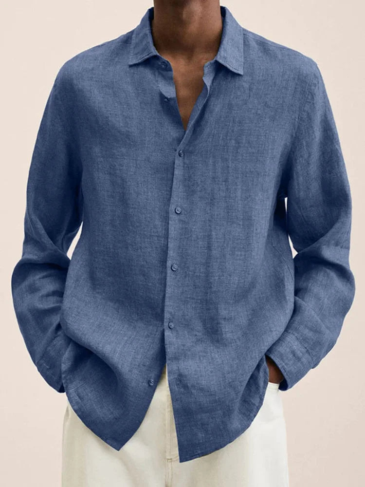 Spring Men Causal Linen Shirts Fashion Business Office Loose Lapel Long Sleeve Tops Beach Vintage Solid Color Button Clothing