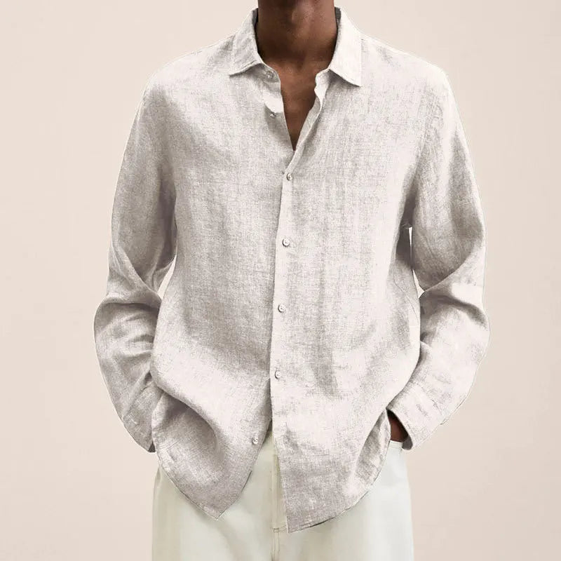 Spring Men Causal Linen Shirts Fashion Business Office Loose Lapel Long Sleeve Tops Beach Vintage Solid Color Button Clothing