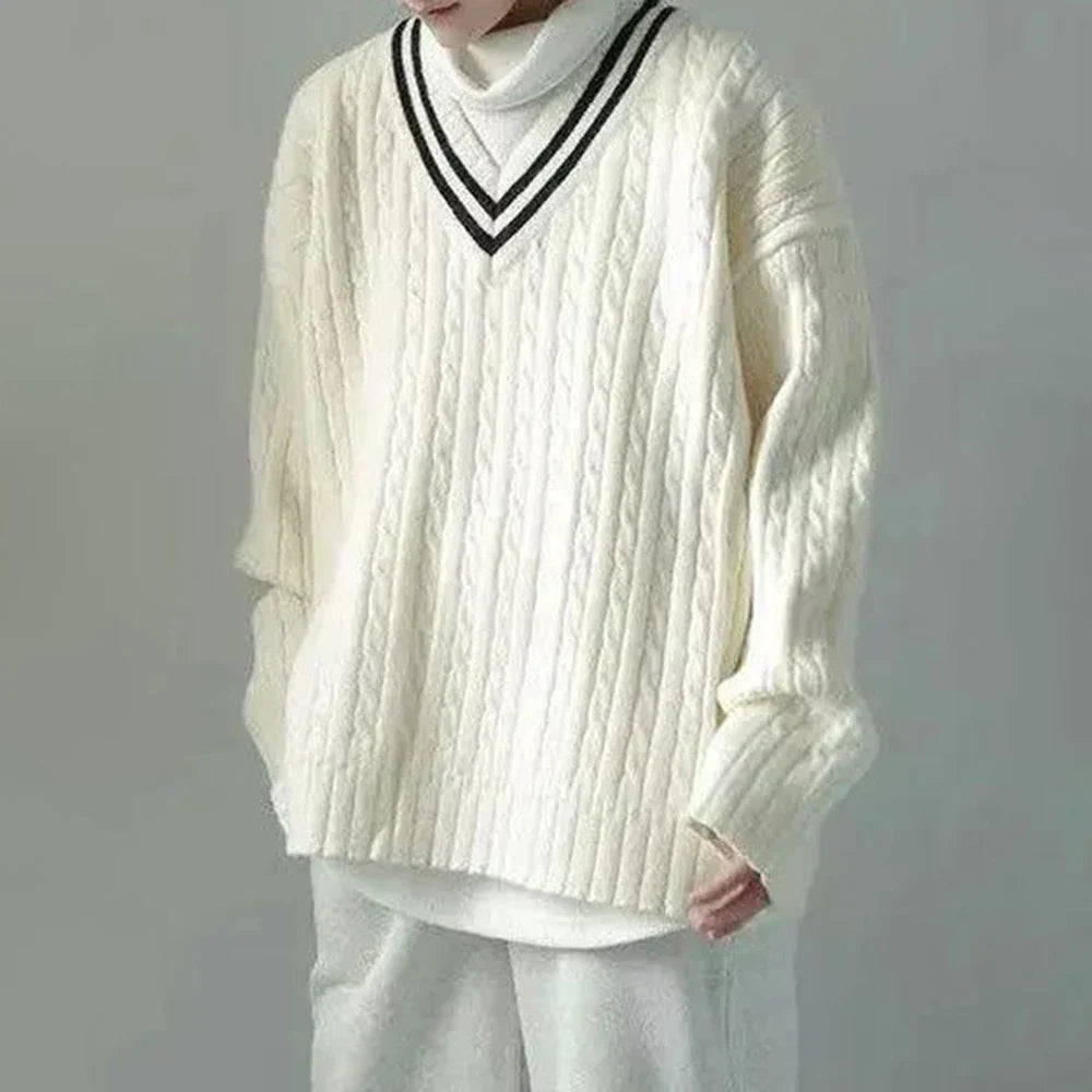 saferido Mens College Style Knitted Sweater 2024 Spring New Genderless Fashion Temperament Retro Loose All-Match Knitted Sweater Unisex