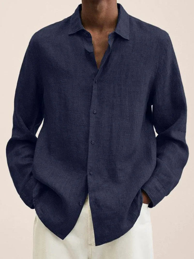 Spring Men Causal Linen Shirts Fashion Business Office Loose Lapel Long Sleeve Tops Beach Vintage Solid Color Button Clothing