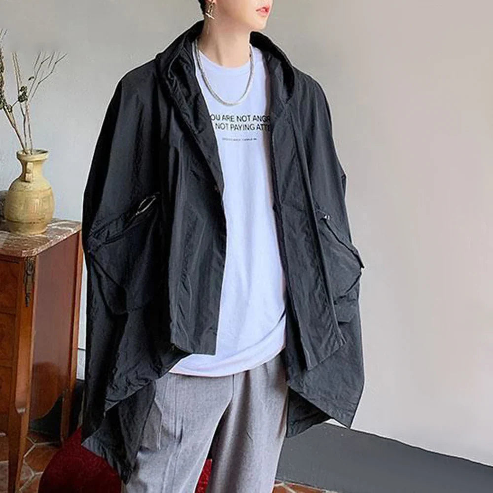 saferido Mens Japanese Irregular Hooded Windbreaker Genderless 2024 New Personalized Versatile Retro Streetwear Solid Color Jacket Unisex
