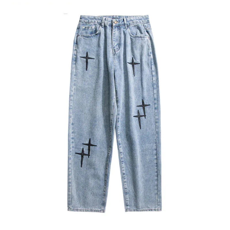 saferido New Embroidered Jeans Men Straight Loose Wide-leg Pants Spring and Autumn Korean Fashion High Street Hip Hop Style Male Trousers